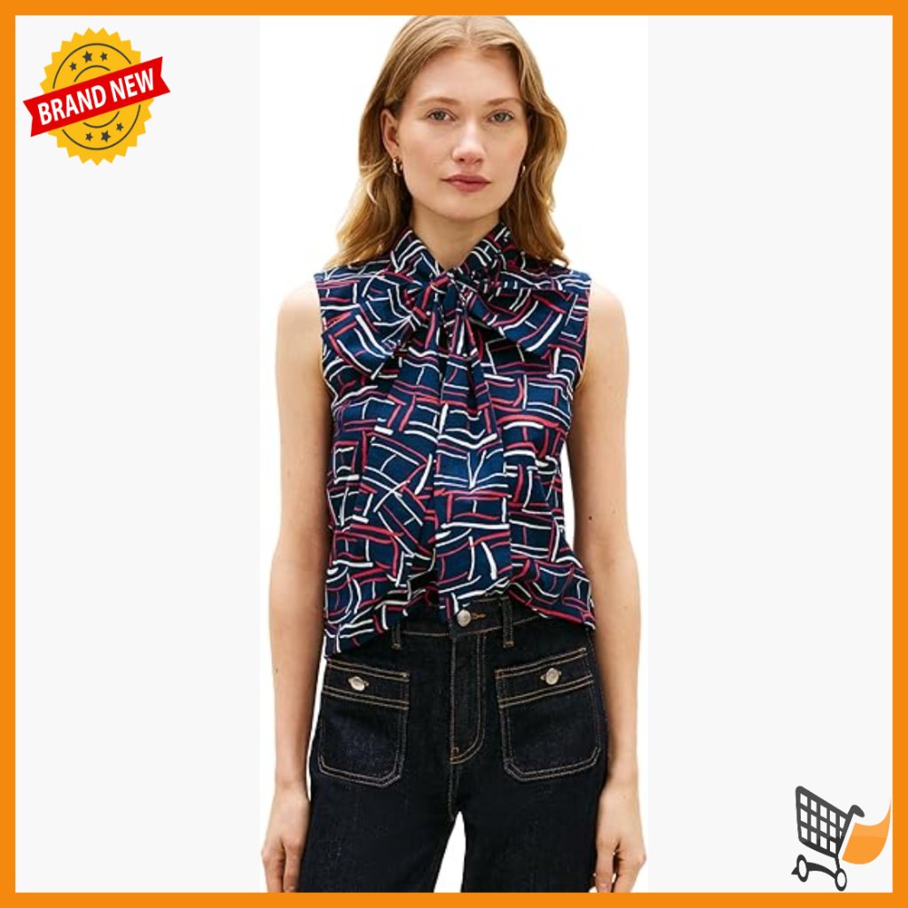 Sleeveless Cotton Button Down Blouse With Bow Tie Detail Regular Fit